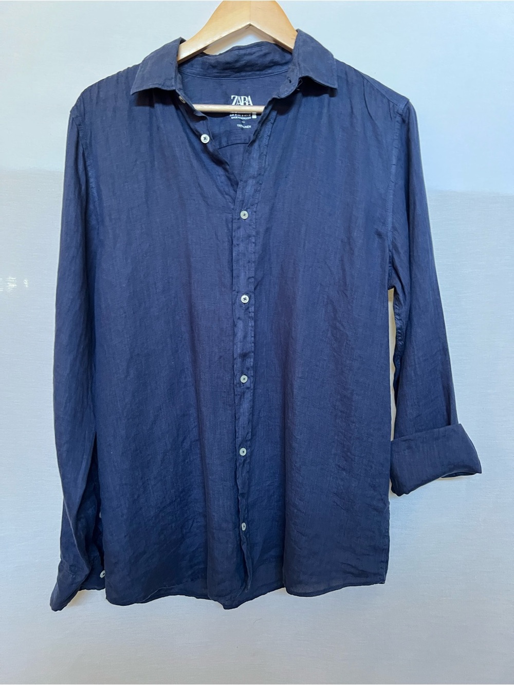 Zara Men's Dark Navy Button-Down Linen Shirt
